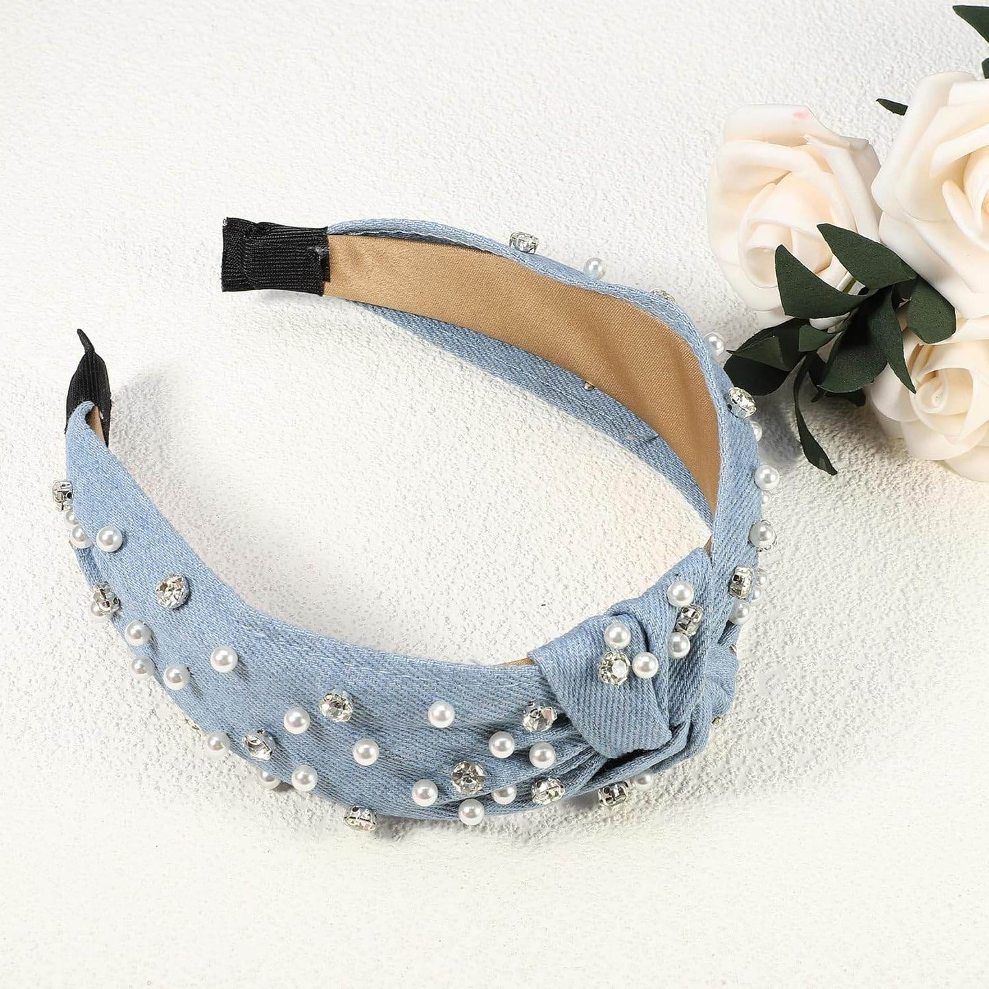 Pearly Rhinestones Crystal Knotted Headband, Light Blue - GUDTINGZZHAIR