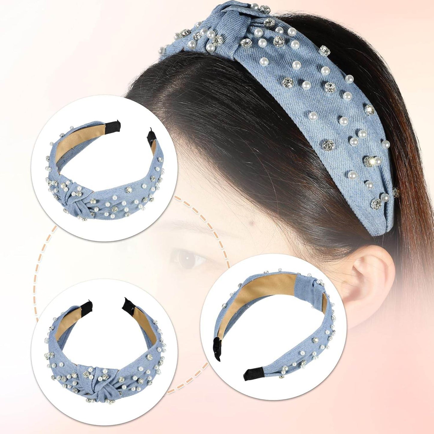 Pearly Rhinestones Crystal Knotted Headband, Light Blue - GUDTINGZZHAIR