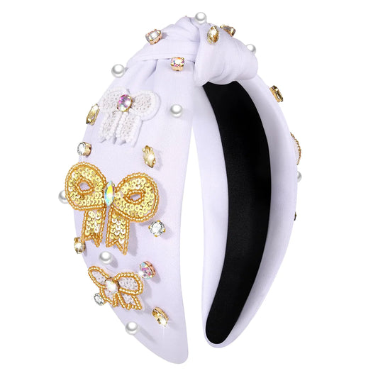 Gold Bow Sequin Headband Jeweled Crystal Embellished Knotted Headband