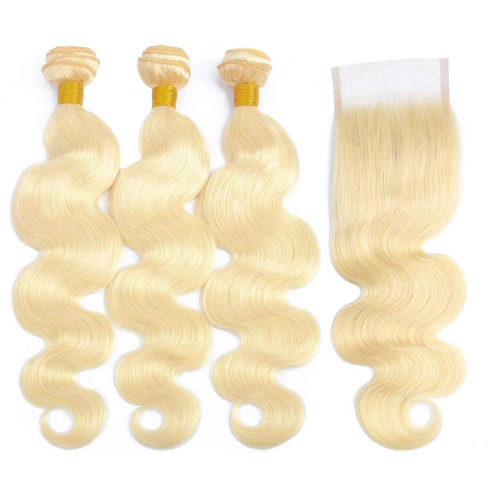 Blonde Body Wave Hair 3 Bundles with Transparent Lace Closure (12 14 16+10")