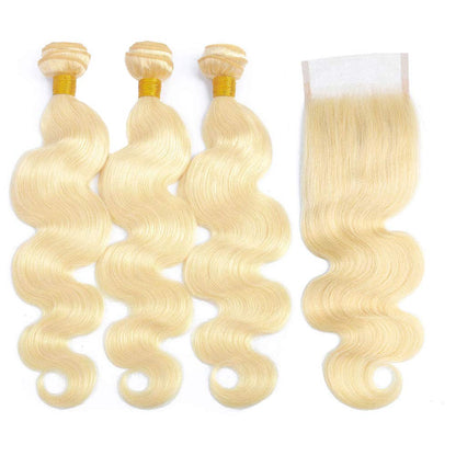 Blonde Body Wave Hair 3 Bundles with Transparent Lace Closure (12 14 16+10")