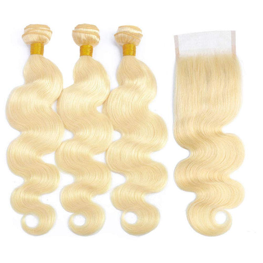 Blonde Body Wave Hair 3 Bundles with Transparent Lace Closure (12 14 16+10")