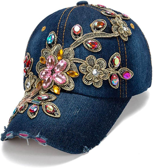 Multi-Color Rhinestone Baseball Cap Bling Denim - GUDTINGZZHAIR 