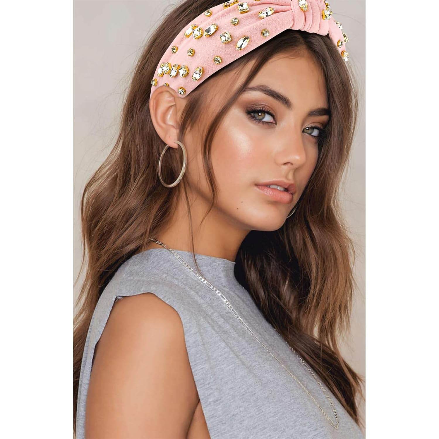 Pink Knotted Headband with Rhinestone Jeweled Beaded - GUDTINGZZHAIR 