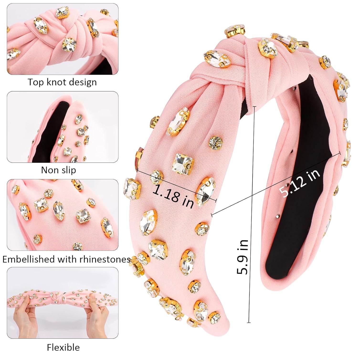 Pink Knotted Headband with Rhinestone Jeweled Beaded - GUDTINGZZHAIR 