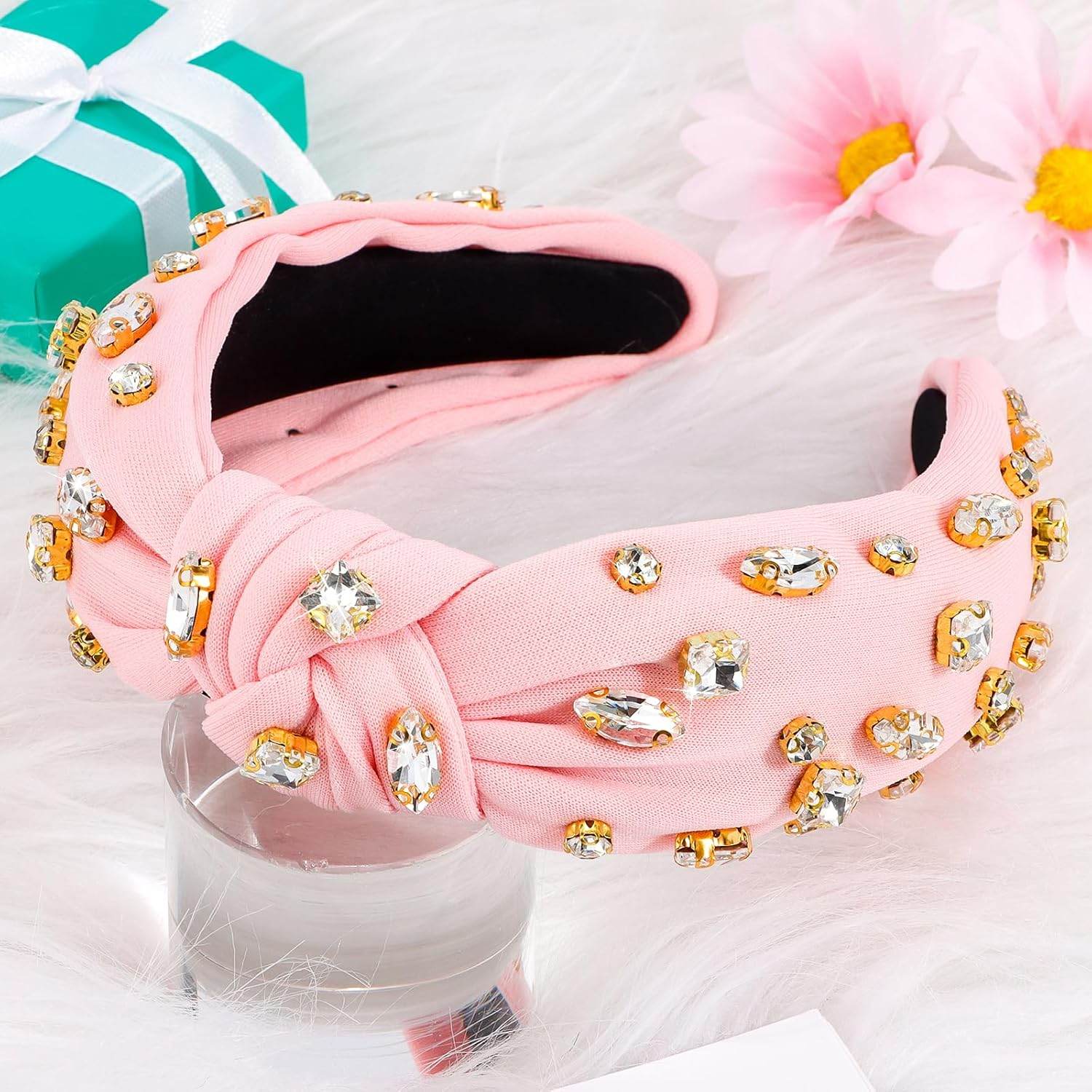 Pink Knotted Headband with Rhinestone Jeweled Beaded - GUDTINGZZHAIR 