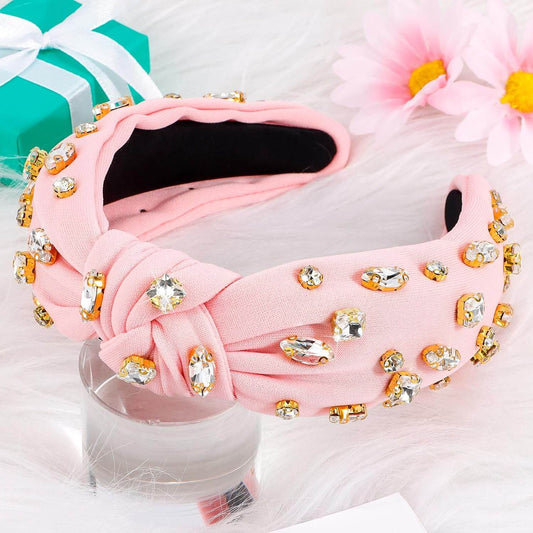 Pink Knotted Headband with Rhinestone Jeweled Beaded - GUDTINGZZHAIR 