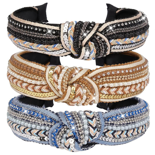Knotted Boho & Crystal Pearl Headbands - 3 Pack - GUDTINGZZHAIR 