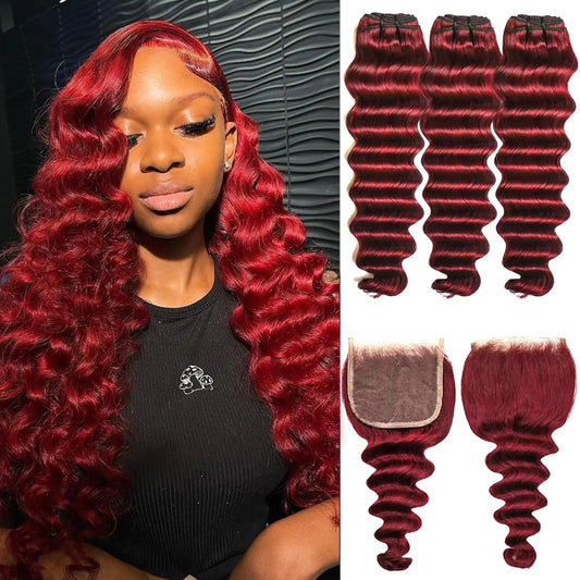 Bundles with Closure 12a Burgundy (Loose Deep Wave 20 22 24 +20free)