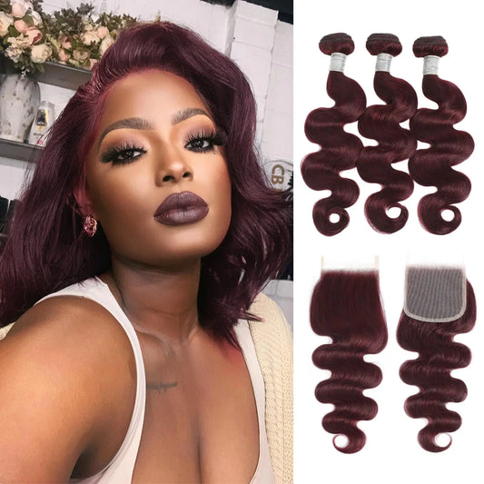 99j Dark Burgundy Body Wave 3 Bundles with 4x4 Closure 14 16 18+14 Inch